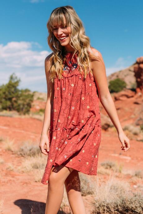 Francesca's Phoenix Embroidered Shift Dress - Cinnamon