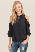 Teenplo Clothing, Inc Solange Ruffle Cold Shoulder Surplus Blouse - Black