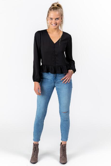 Francesca's Lonnie Button Ruffle Blouse - Black
