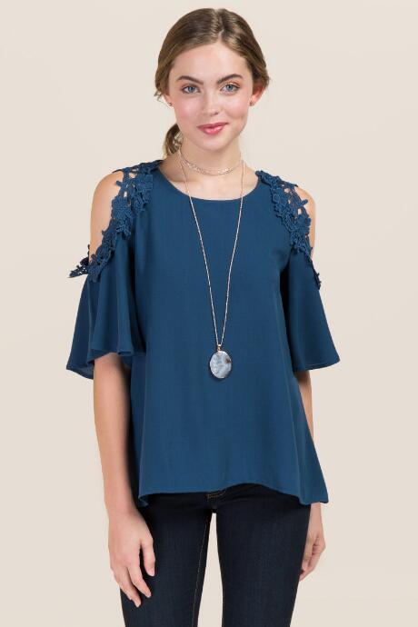 Blue Rain Alissa Crochet Cold Shoulder Linen Top - Peacock