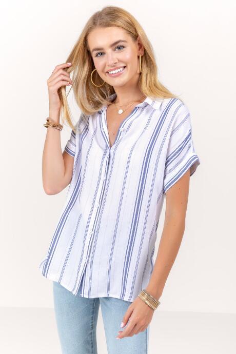 Francesca's Lolita Striped Button Down Top - Blue