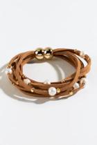 Francesca's Valeria Pearl Leather Wrap Bracelet - Tan