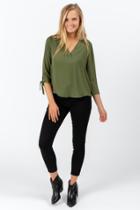 Francesca's Quinley V-neck Tie Sleeve Blouse - Olive