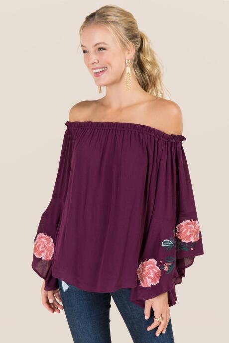 Blue Rain Aleen Floral Embroidered Ruffle Off The Shoulder Top - Purple