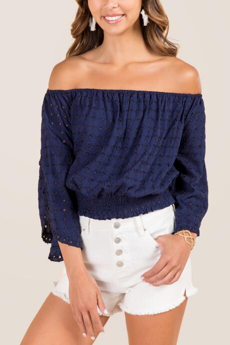 Francesca Inchess Victoria Off The Shoulder Eyelet Top - Navy
