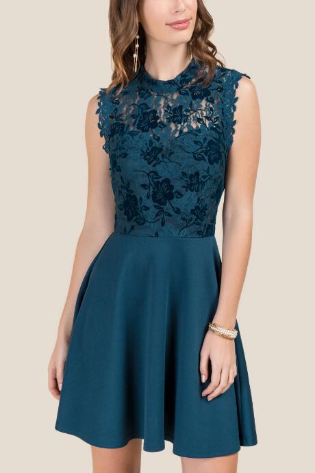 Francescas Anne Flocked Lace Combo Dress - Peacock