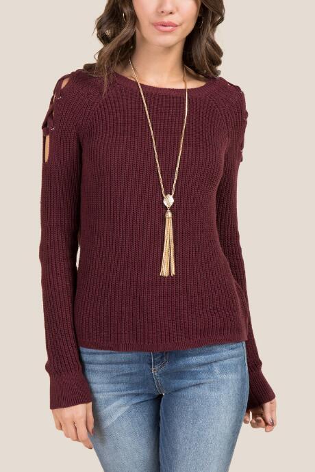 Francesca's Presley Lace Up Sleeve Sweater - Burgundy