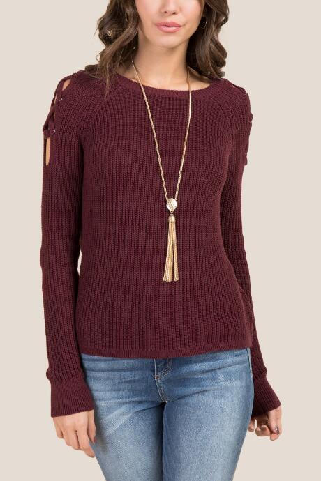 Francesca's Presley Lace Up Sleeve Sweater - Burgundy