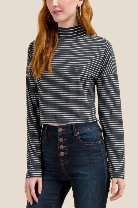 Francesca Inchess Olivia Striped Mock Neck Drop Shoulder Top - Heather Gray