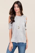 Alya Layna Ruffle Cold Shoulder Distressed Knit Tee - Gray