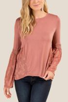 Francesca's Yasmine Crochet Trim Bell Sleeve Top - Rose