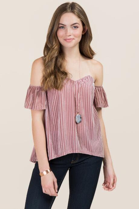 Blue Rain Deidre Velvet Ruffle Off The Shoulder Top - Mauve