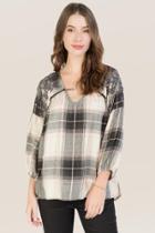 Blue Rain Abia Embroidered Keyhole Plaid Blouse - Gray