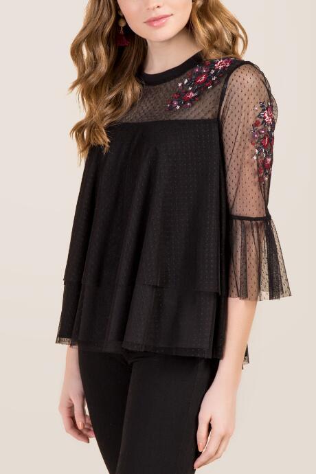 Francesca's Charlotte Sheer Embroidered Flounce Top - Black