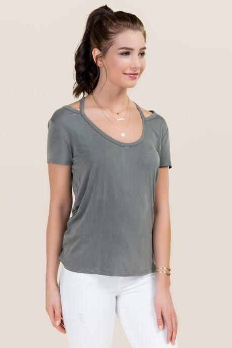 Aya Georgie Mineral Wash Open Neck Tee - Gray