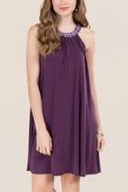 Alya Ivy Embroidered Neck Knit Dress - Purple