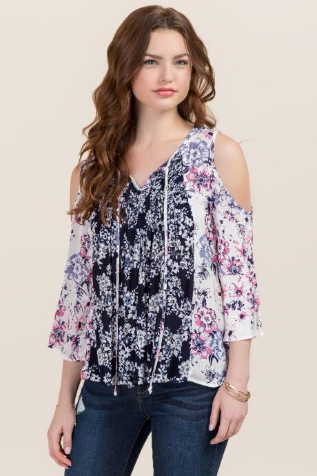 Blue Rain Bria Cold Shoulder Smocked Floral Top - Mauve