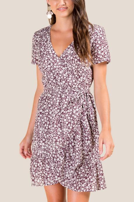 Francesca's Deidre Floral Ruffled Wrap Dress - Brick