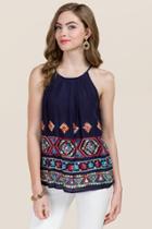 Blue Rain Angel Embroidered High Neck Pleated Tank - Navy