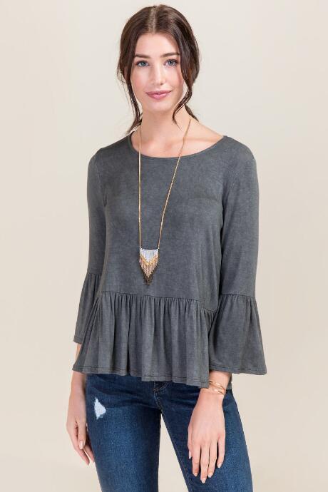 Dee Elle Kalani Bell Sleeve Peplum Knit Top - Black
