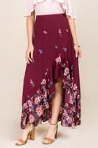 Blue Rain Valeria Floral Ruffle Slit Skirt - Wine