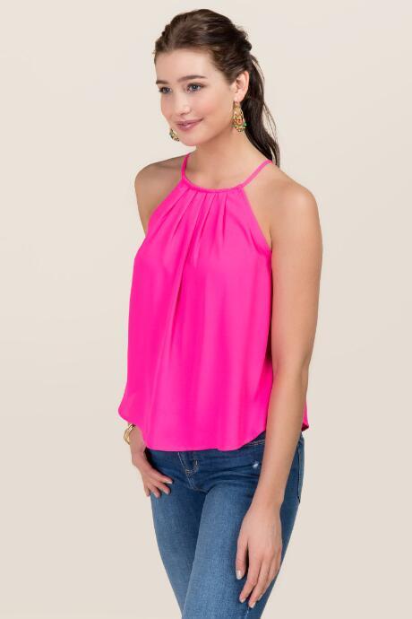 Miami Lena High Neck Pleated Tank - Neon Pink