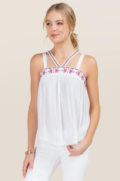Blue Rain Ashia X Neck Embroidered Tank - White