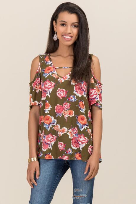 Alya Aida Cold Shoulder Floral Knit Top - Dark Olive