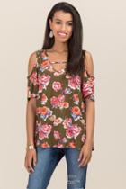 Alya Aida Cold Shoulder Floral Knit Top - Dark Olive