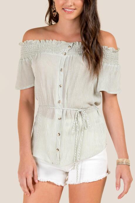 Francesca Inchess Beth Off The Shoulder Striped Top - Dark Olive