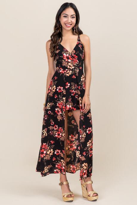 Francesca's Emma Floral Maxi Romper - Black