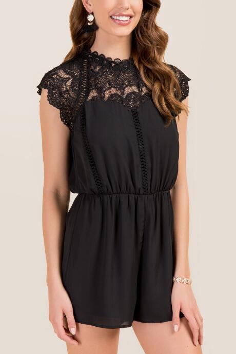 Francesca Inchess Olivia Hi-neck Crochet Romper - Black