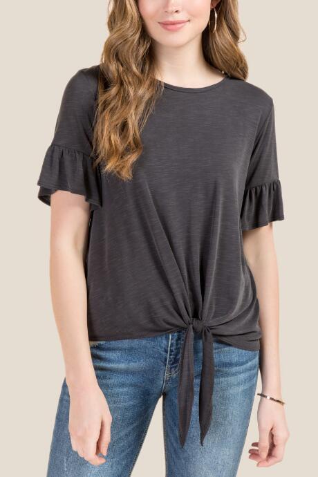 Francesca's Amanda Ruffle Sleeve Tie Front Top - Black