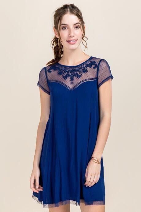 Francesca's Bailey Lace Yoke Shift Dress - Navy