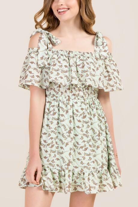 Francesca's Tinsley Tie Sleeve Flounce Hem Floral A-line Dress - Mint