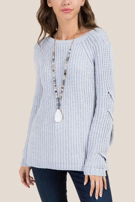 Alya Dinah Twist Sleeve Chenille Pullover Sweater - Gray