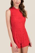 Francesca's Catherine Hi-neck Open Back Lace Romper - Red