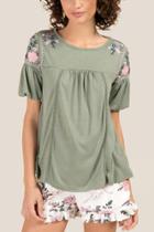 Francesca Inchess Claudine Puff Sleeve Embroidered Floral Top - Dark Olive