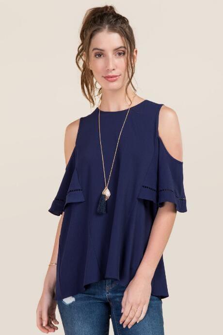 Blue Rain Jenelle Cold Shoulder Ruffle Lattice Back Top - Navy