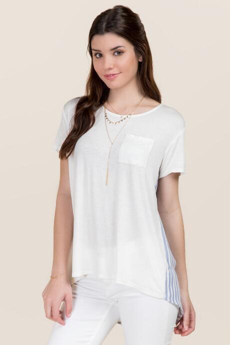 Alya Melania Striped Pebbled Back Knit Pocket Tee - White