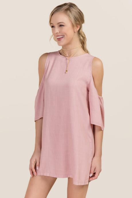 Francesca's Abigail Cold Shoulder Ruffle Shift Dress - Mauve