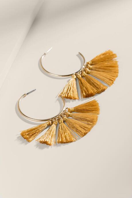 Francesca's Bianca Tasseled Open Hoop Earrings - Mustard
