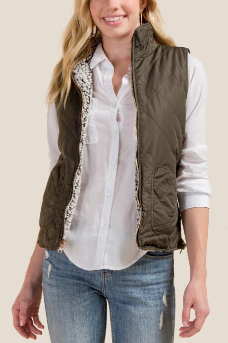 Francesca's Kylie Reversible Puffer Cozy Vest - Dark Olive