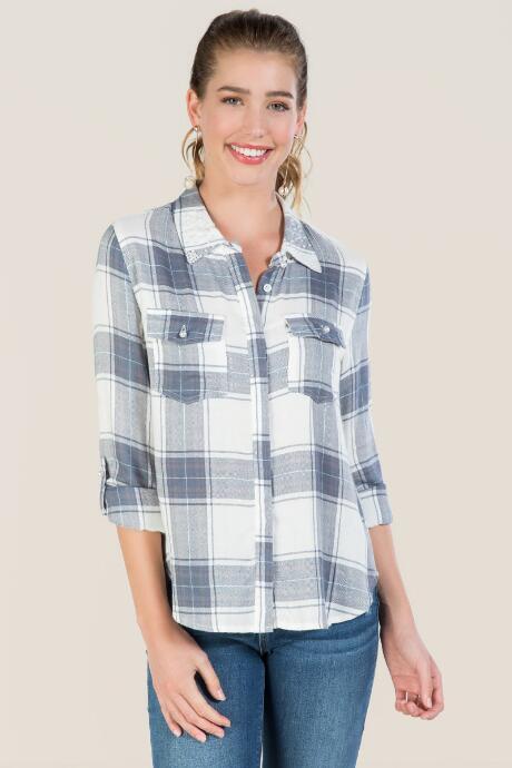 Group La Agatha Plaid Pearl Collar Button Down - Light Blue