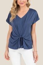 Francesca's Ellie Knot Front Cuff Sleeve Cupro Top - Navy