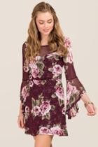 Miami Shantall Floral Bell Sleeve A-line Dress - Purple