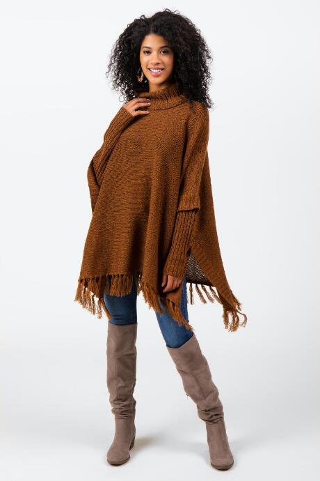 Francesca's Sienna Tassel Bottom Poncho - Cognac