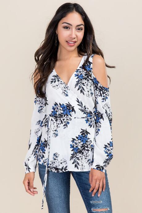 Lumiere Cara Floral Cold Shoulder Wrap Top - White