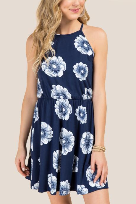 Francesca's Goldie Halter Floral A-line Knit Dress - Navy