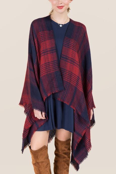 Francesca's Leigh Plaid Ruana - Navy